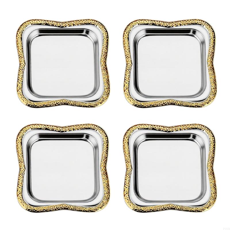 Mini Metal Serving Plate Set of 4 with Pattern Border, Square Home Display Dishes for Tea Service and Light Storage