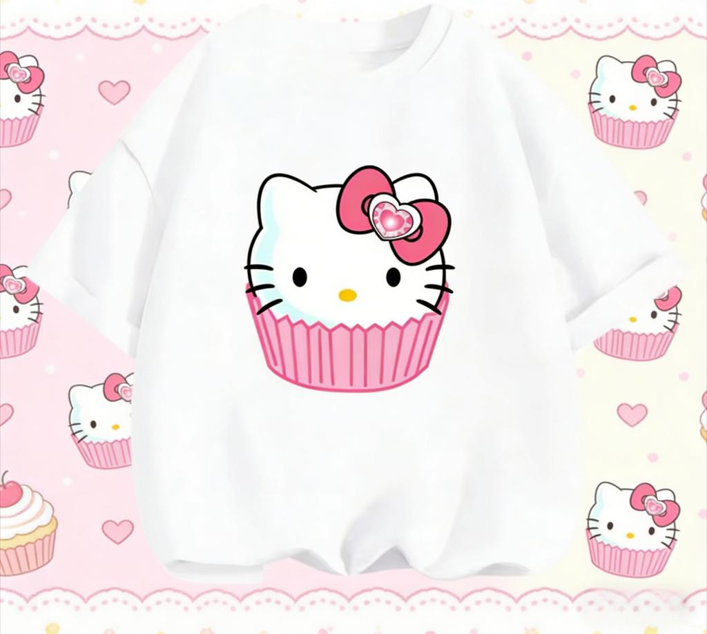Sanrio 2026 Summer Comic Form Hello Kitty Image 100 Cotton Printed Casual Tshirt Adult Children Parentchild Top Homewear Y2k