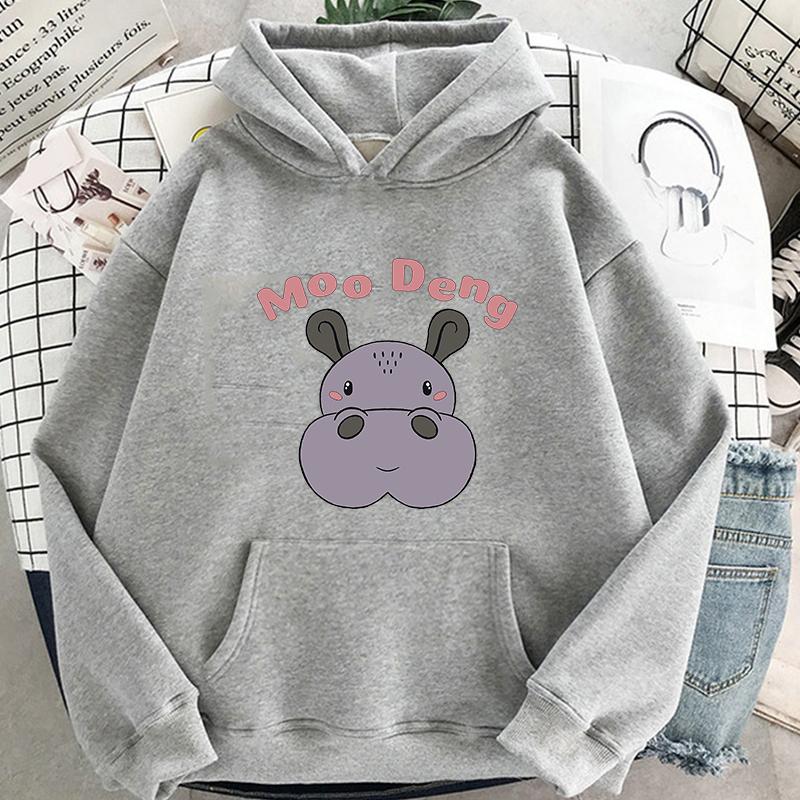 Cute Moo Deng Baby Hippo Hoodie Retro Women/Men Hoodies Unisex Sweatshirt Vintage Kawaii Aesthetic Harajuku Winter Clothes