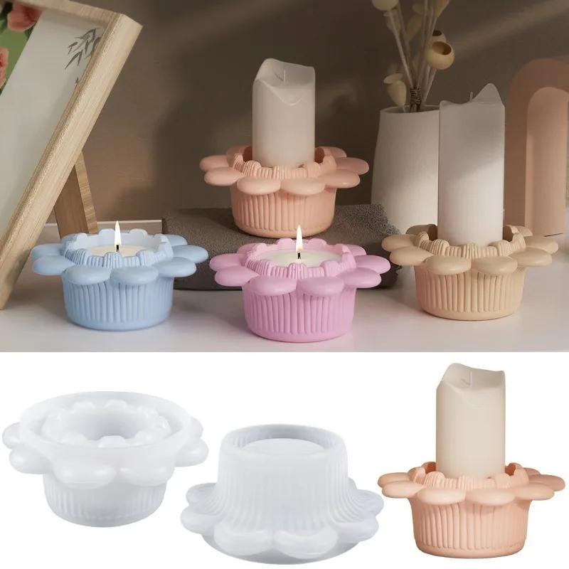Cute Flower Round Candle Holder Silicone Mold Nordic Candlestick Cement Plaster Craft Mould DIY Shape Resin Candle Stand Molds
