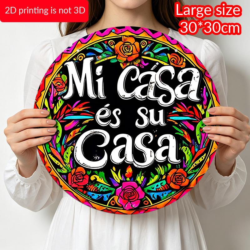 2D Flach, 1 Stück Vintage Metallwandkunstschild „Mi Casa Es Su Casa“, Bunte florale runde Aluminium-Dekoration für Bauernhaus, Café, Strandhaus, Hinterhof, Boho