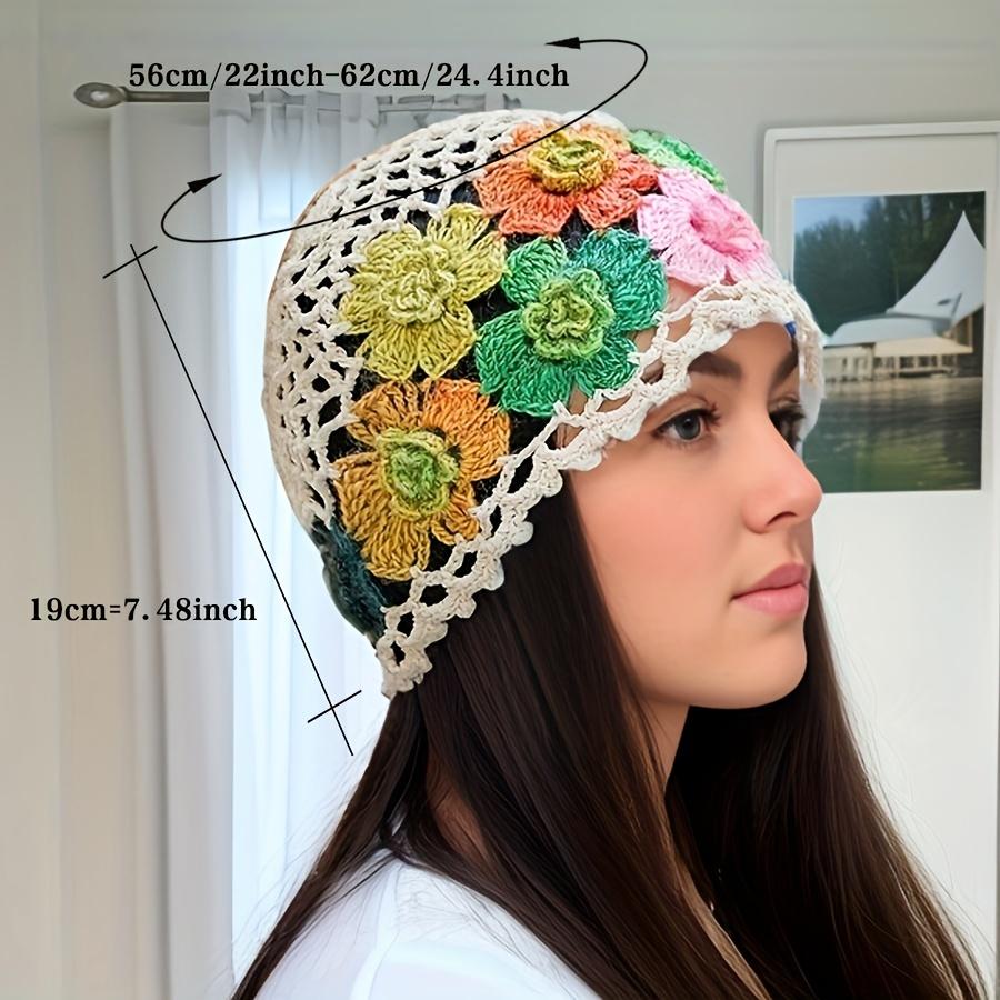 Women's Bohemian Floral Hat - Lightweight Elastic Stretch Fit, Handmade Crochet Design with Multicolor Flowers Breathable Summer