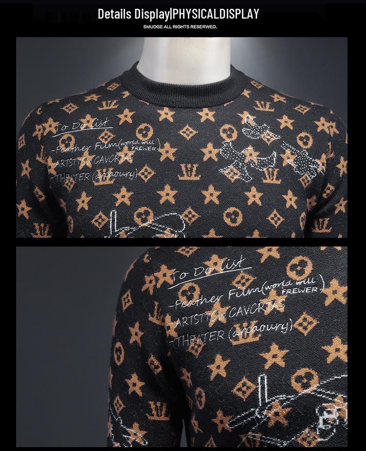 Męski zimowy europejski sweter z żakardowej wełny 2024 - Modny dzianinowy z okrągłym dekoltem, codzienna odzież