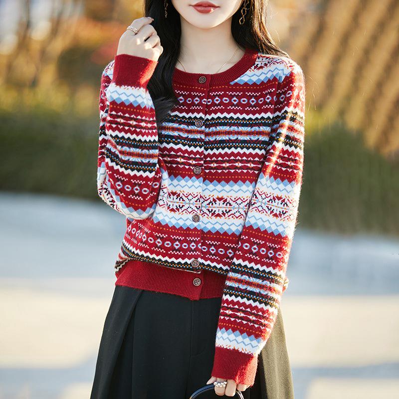 

Женский весенний кардиган из шерсти с цветными блоками и полосками - Круглый вырез, Универсальный, Свободный, Приталенное пальто-свитер L