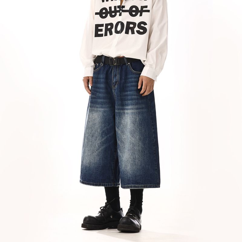 American Retro Denim Cropped Pants Male and Female Trendy Brand Washed Fancy Loose Easiest for Match Casual Wide-Leg Denim Shorts Denim Shorts