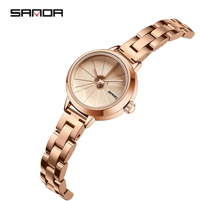 Sanda Women's Waterproof Quartz Wristwatch – Simple Round Dial, Leather & Mesh Strap, Lightweight & Stylish.