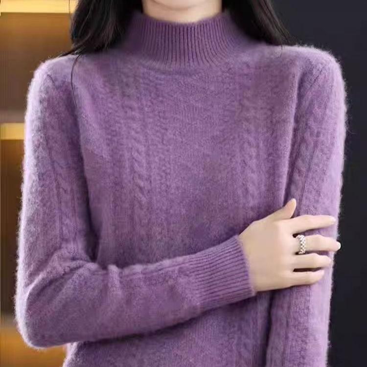 Half Turtleneck Sweater Thickened Knitted Sweater for Women In Autumn and Winter Solid-colored Top and Loose Warm Pullover