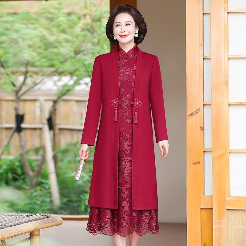 Elegant Midi-Length Two-Piece Cheongsam Dress for Mothers-in-Law - Spring/Autumn Style