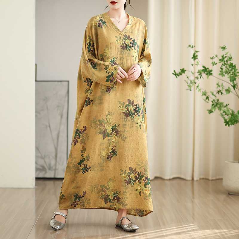 Colorful Vacation Style Travel V-neck Retro Long Skirt Cotton Linen Dress