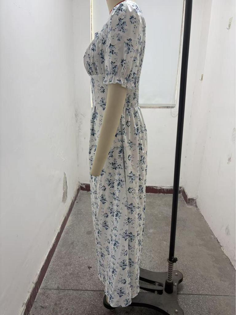2026 Women's Summer Floral Print Puff Sleeve Square Neck Dress - French Style Holiday Tea Party Skirt