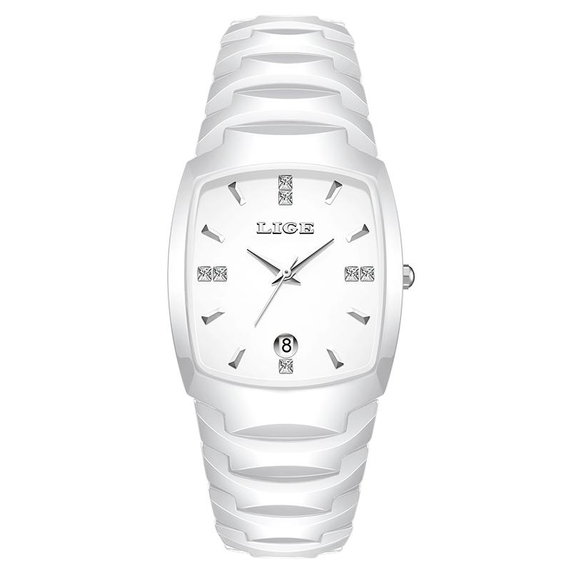 LIGE Damen Armbanduhr Elegantes Armband Mode Luxus Geschenk Kalender Keramik Damenuhr Quarz Exquisite Rosa Uhr Reloj+BOX