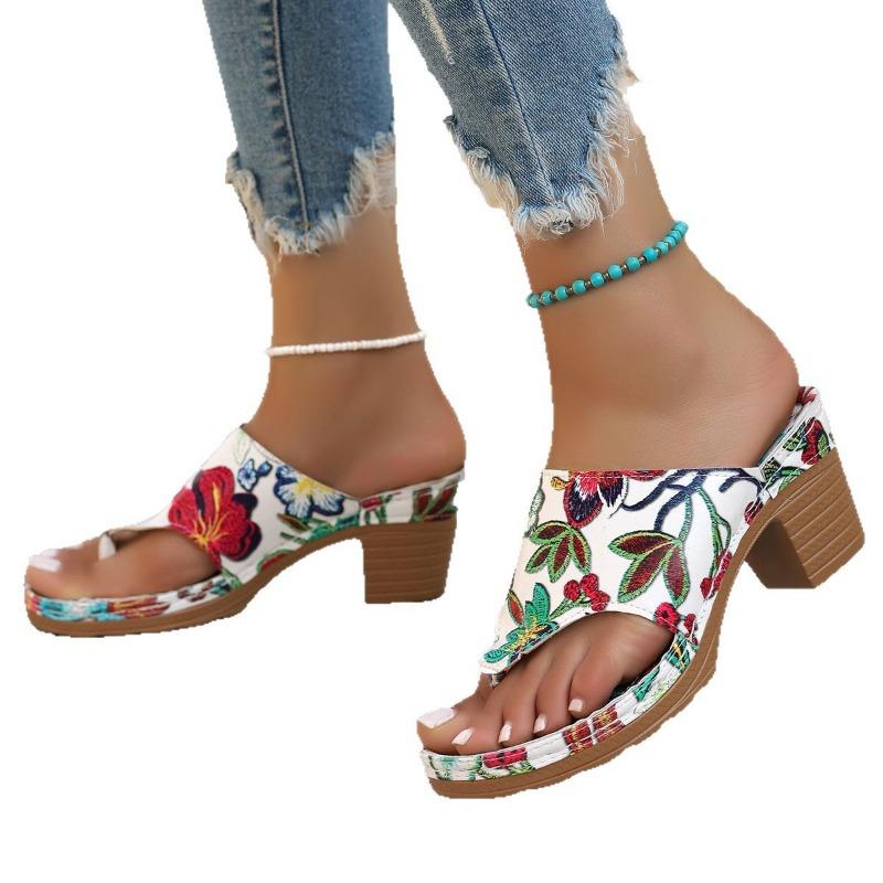 High-heeled cool slippers women's summer new color printed toe casual flip-flops thick-heeled sandals