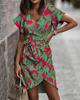Dame V-hals Kort ermet Knyte midje Blomstermønstret Casual Sommerkjole med Asymmetrisk fald