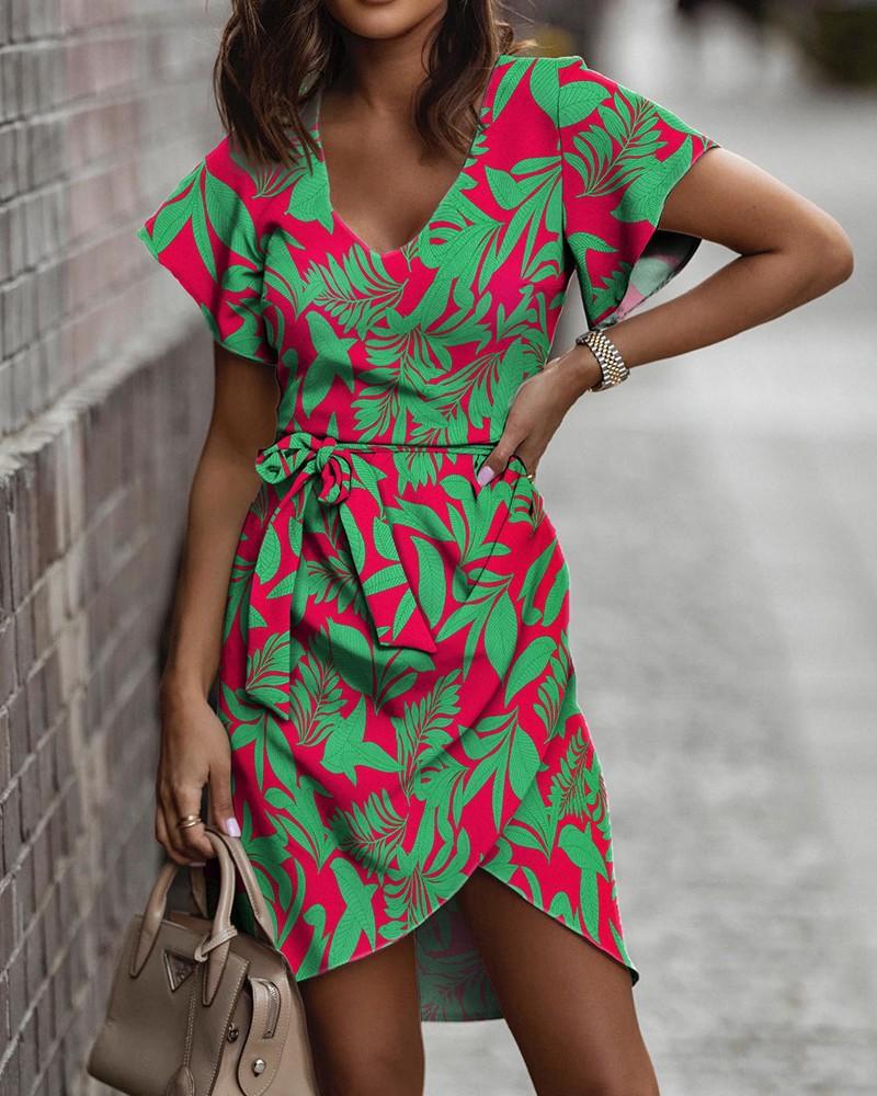 Dame V-hals Kort ermet Knyte midje Blomstermønstret Casual Sommerkjole med Asymmetrisk fald