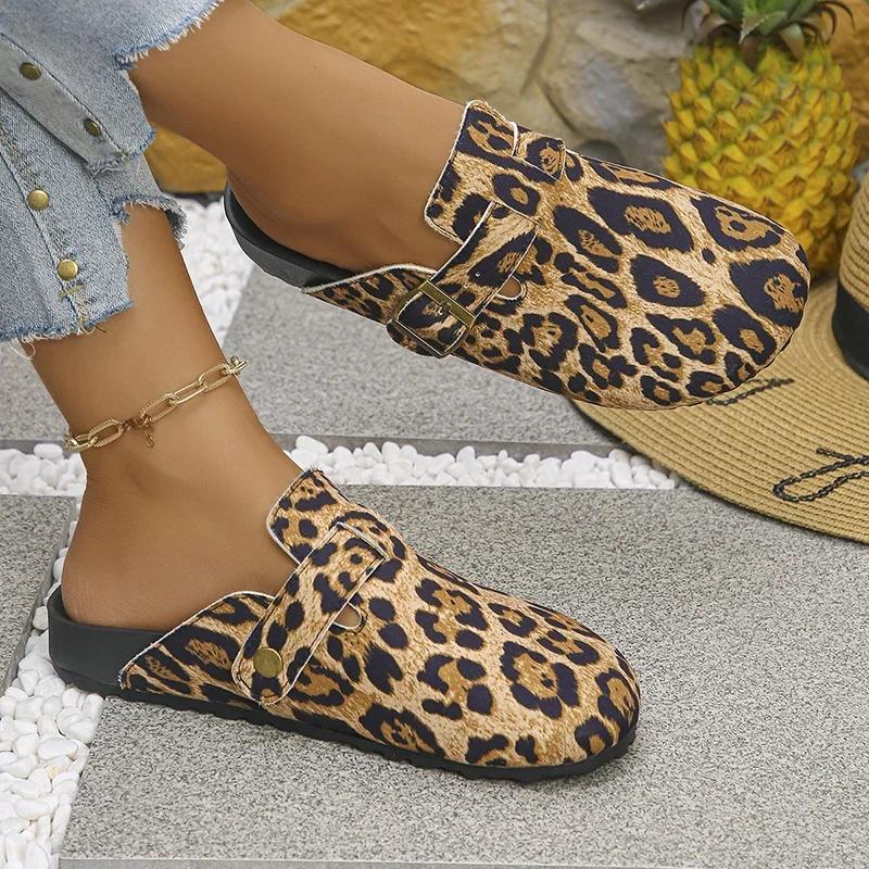 Fashion Leopard Print Mules Slippers Women 2025 Plus Size 35-42 Platform Clogs Shoes Woman Buckle Design Half Slippers Female