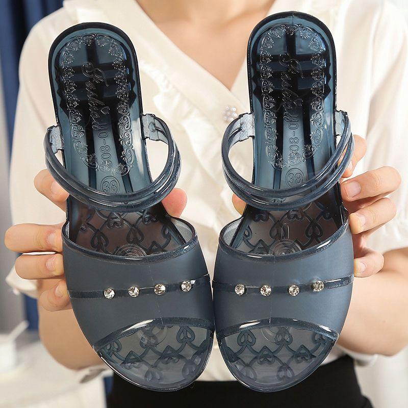 

Модные новые сандалии для женщин летом с кристальной верхней одеждой противоскользящие пляжные увеличение высоты, толстый каблук для двоих носить 38