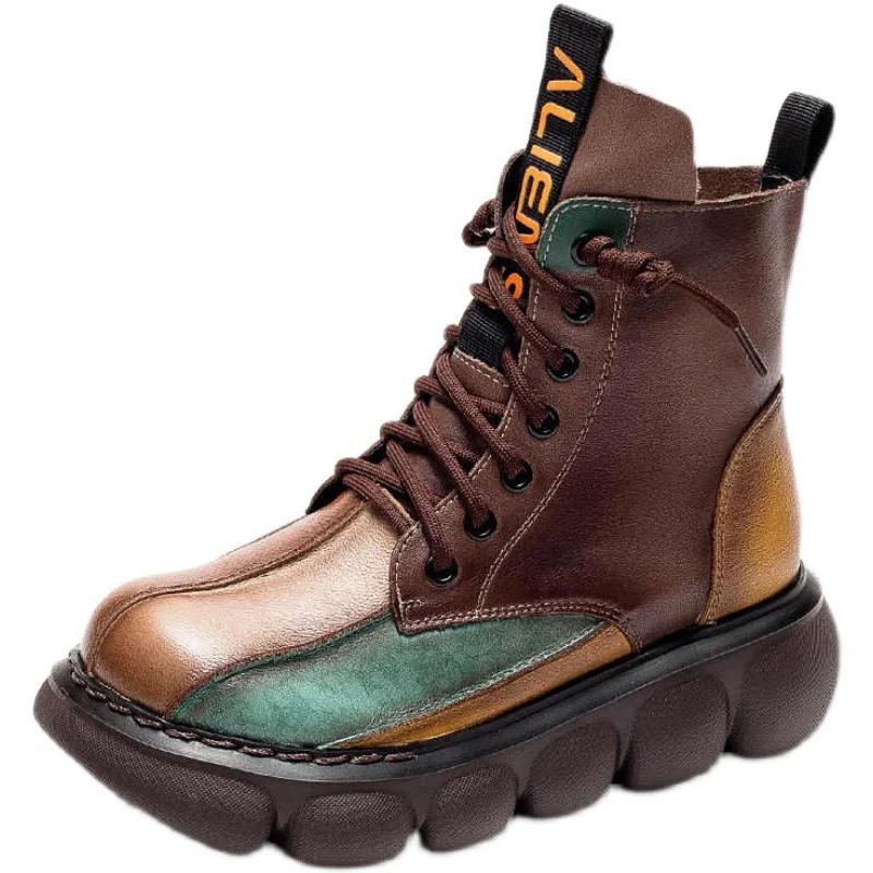 Toamnă Nou Cizme Scurte de Damă cu Șireturi Talpă Groasă Piele la Modă Color Blocking Cizme Martin