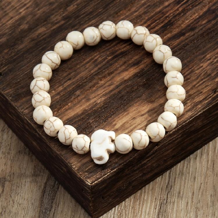 8MM Round Gemstones Bracelet With Turquoise Accent And Elephant Charm Perfect For Adding A Natural Touch To Outfits