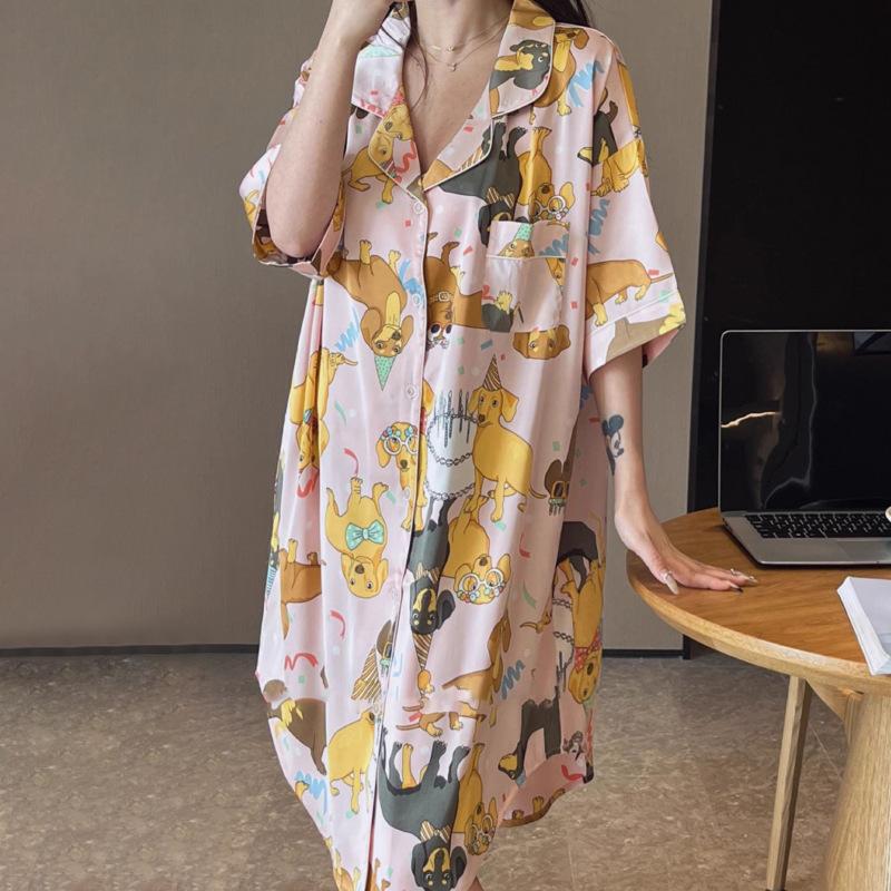 High-Value Cartoon Animal Ice Silk Short-Sleeved Pajamas Women'S Summer Monsoon Casual Loungewear Nightgown