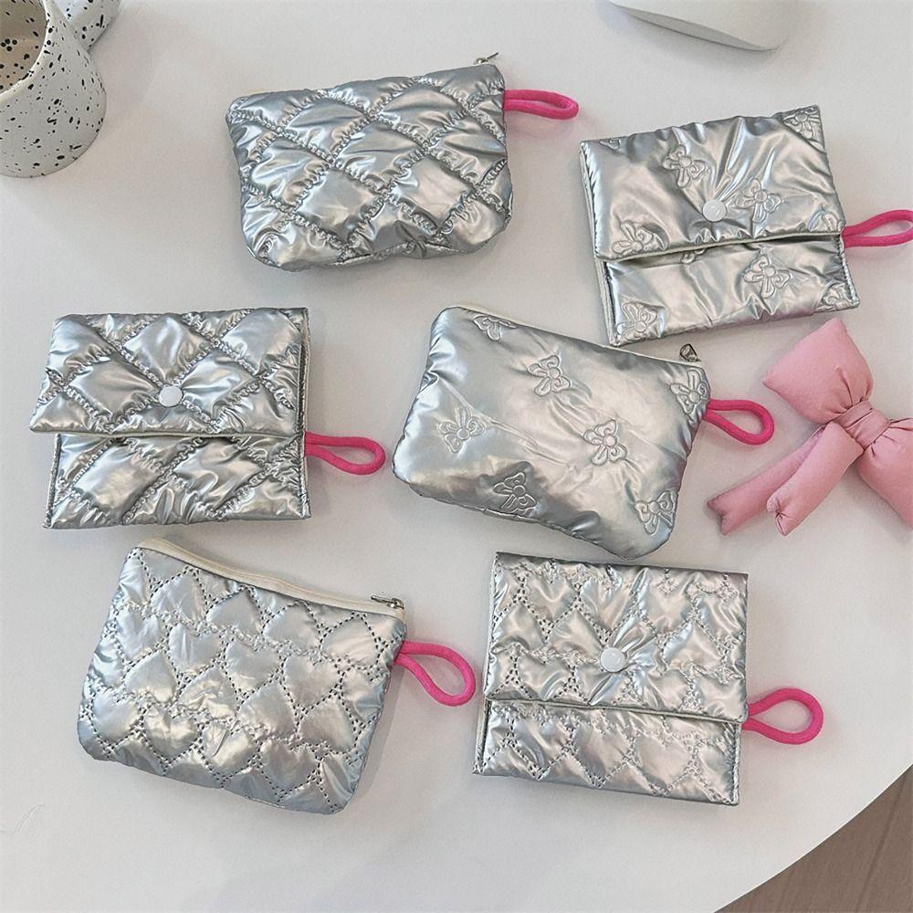 Silver Makeup Organizer Love Bow Credit Card Holder INS Style Sanitary Mat Bag for Woman Girls