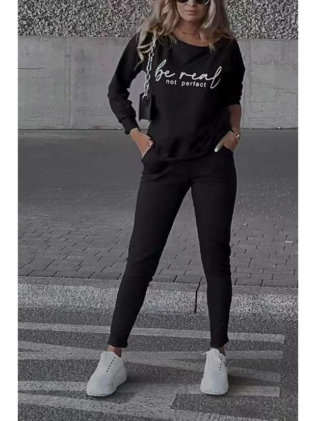 

2024 Осінній Європейський та Американський Жіночий Новий Комплект Топ з Довгим Рукавом та Штани з Принтом M чорний