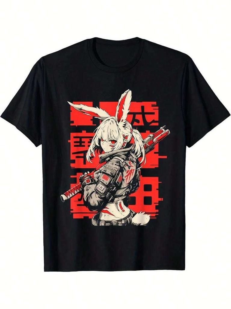 Women's Anime Print T-Shirt - Black Crew Neck Short Sleeve Casual Top With Red Accents, Lightweight