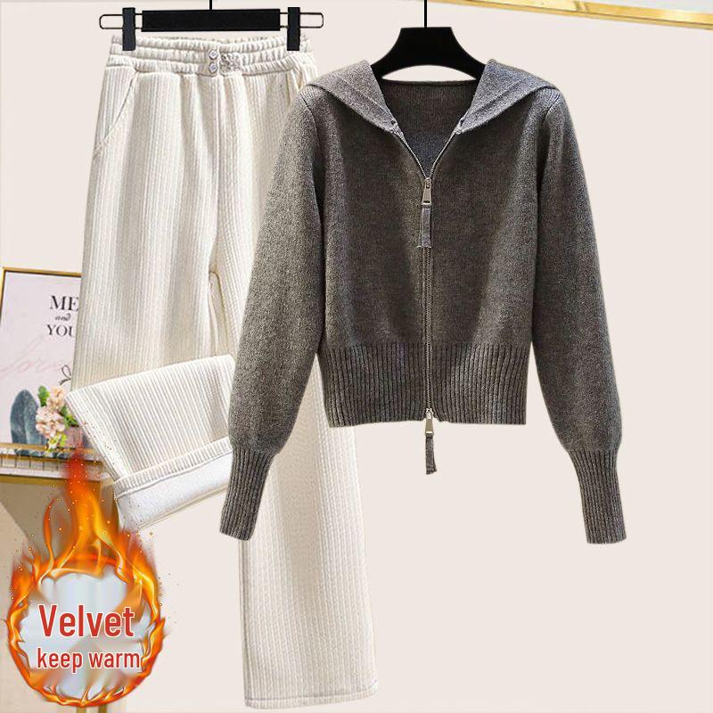 Sweet Autumn & Winter Women's Double Zipper Hooded Knitted Sweater Set