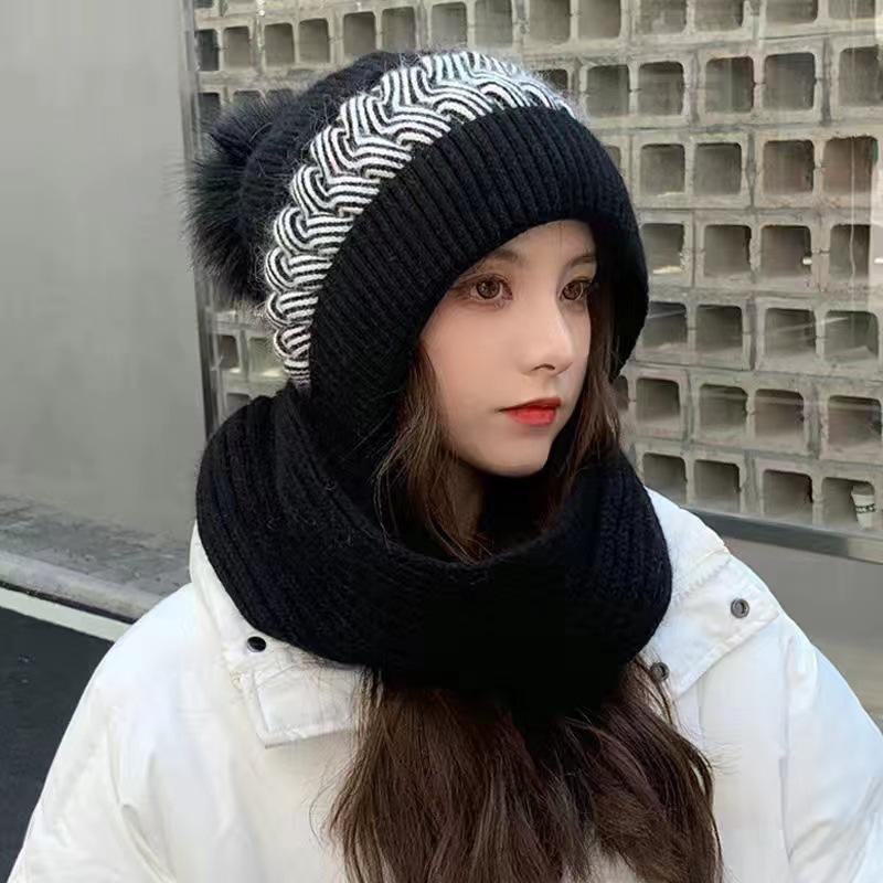 Hat Women's Scarf Integrated Autumn and Winter Warm Versatile Wool Hat Fashion Trendy Fleece Thickened Knitted Hat