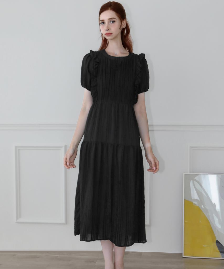 Keulleiseu Smocking Frill Short Sleeve Long Dress_White