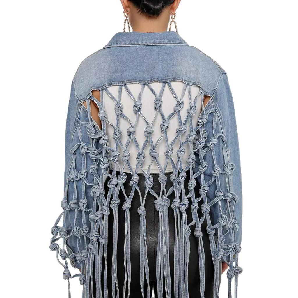 New Style Women's Denim Jacket with Back Mesh Fringe