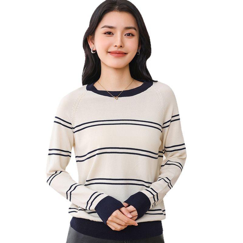 Cotton Striped Womens Crew Neck Knitted Sweater Womens Spring and Autumn Updated Trendy Versatile Top Cotton Thread Temperament Bottoming Top