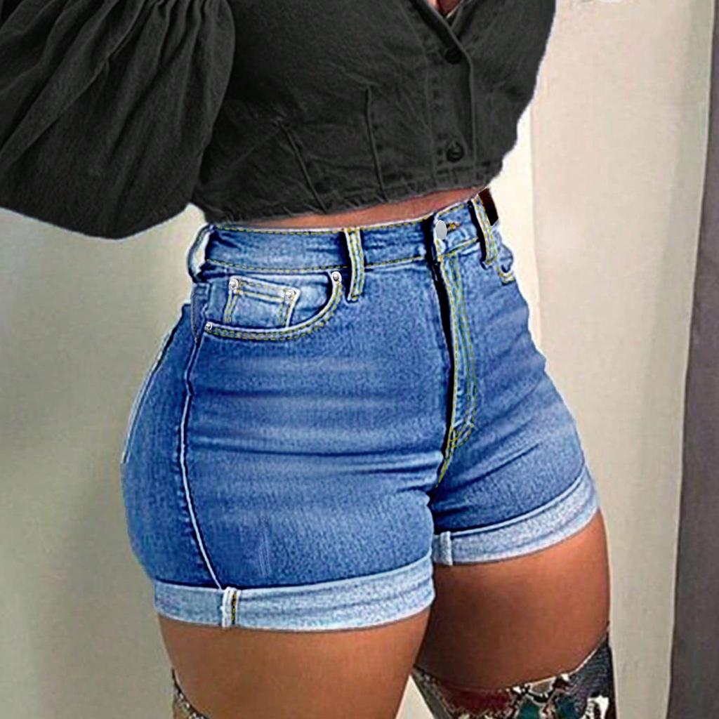 Dámské jednobarevné džíny strečové slim fit roztrhané džínové šortky