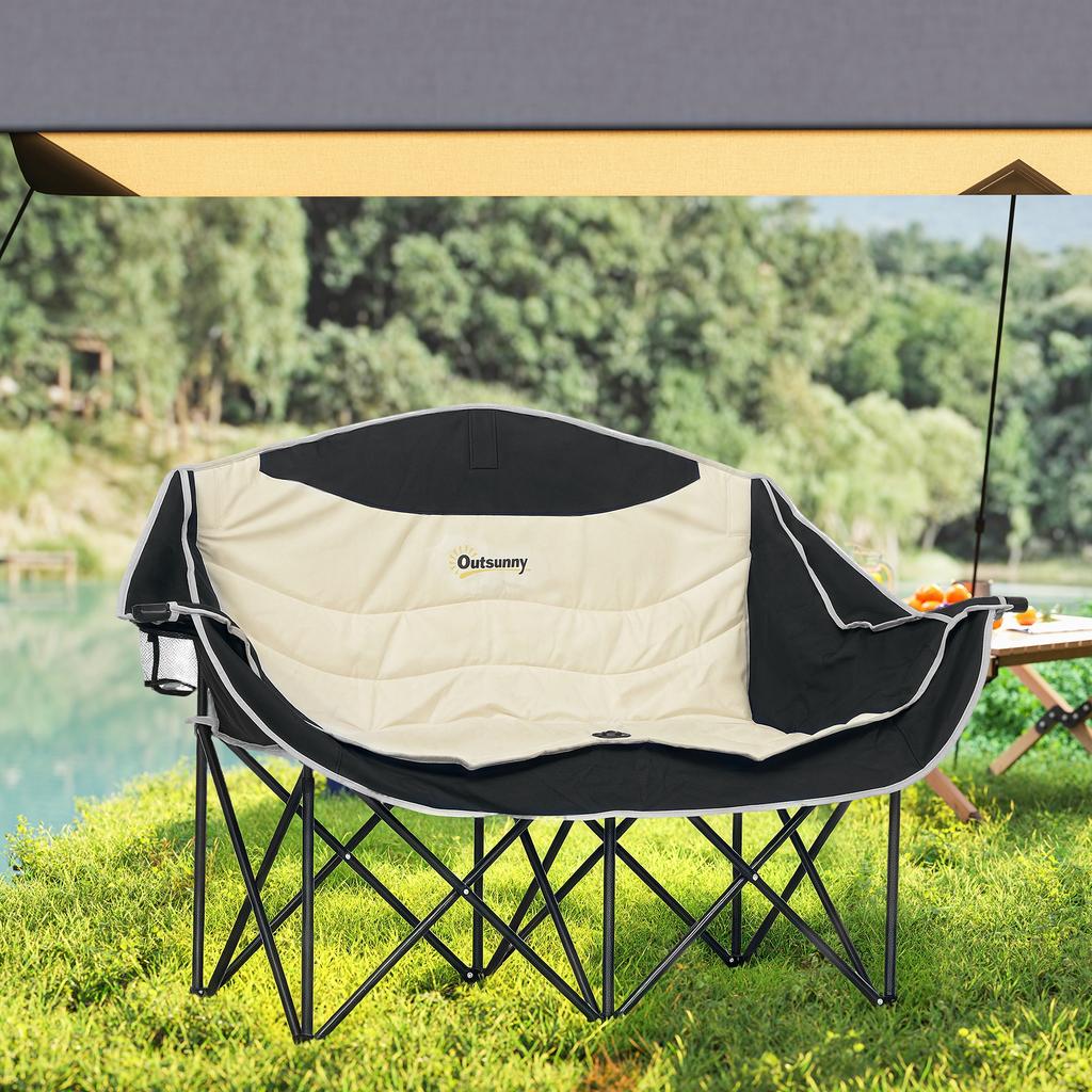 Folding Chair Foldable 2-Seater Camping Chair with Drink Holder Carry Bag Up To 250kg Load Capacity Khaki