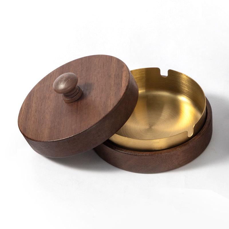 Gold-Stainless Steel Ashtray with Lid, Solid Wood Base – Anti-Ash Design for Home and Office, Ideal Gift.