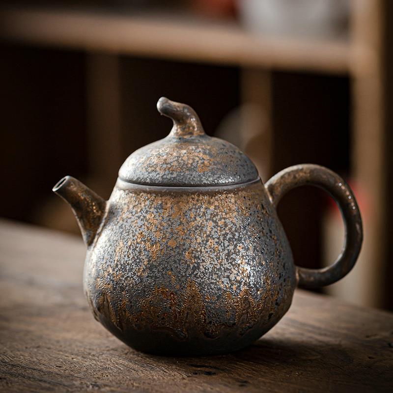Home Kung Fu Tea Beverage Set Teapot Gilt Tea Maker Japan Style Stoneware Teapot Single Pot Handmade Vintage Ceramic Round Jug Teaware