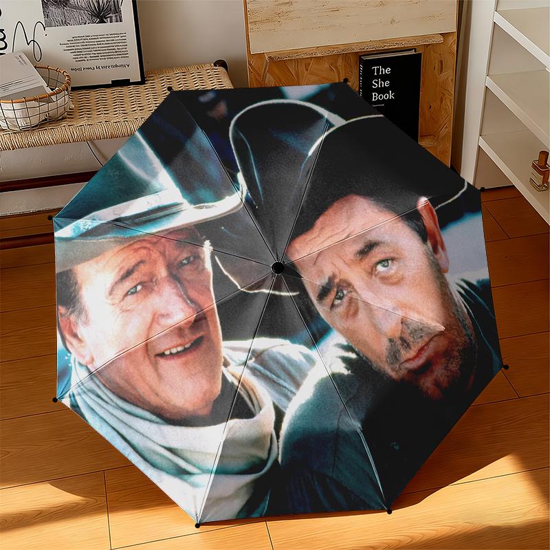 1pc Legendary John Wayne Umbrella Portable Folding Umbrella Iron Frame Hole Bone Structure Outdoor Home Umbrella