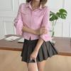 Casual Simple Striped Long-sleeved Button-up Shirt for Women's Lapel Pocket Single-breasted Slim Body