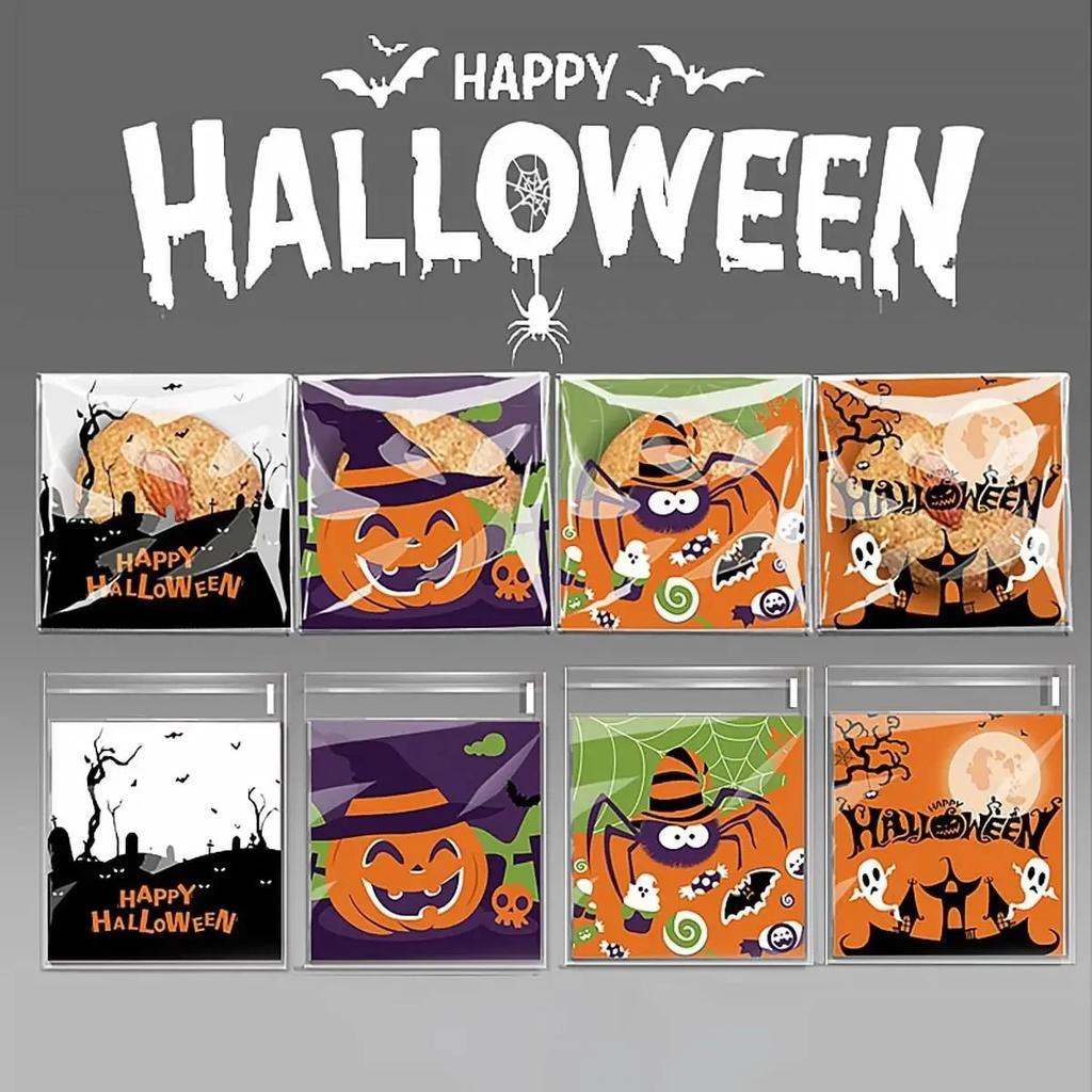 100pcs Halloween Candy Bags Pumpkin Ghost Bat Trick Or Treat Biscuit Gifts Packaging Self Sealing Bag Kids Halloween Party Decor