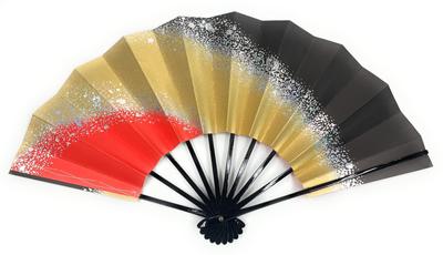 Asakusa Kimono Market Dance Fan, Black/Gold/Red with Silver Sand Pattern, Black Lacquer, 9.5 Inches [Made In Japan], Kyoto Fan, Practice, Stage