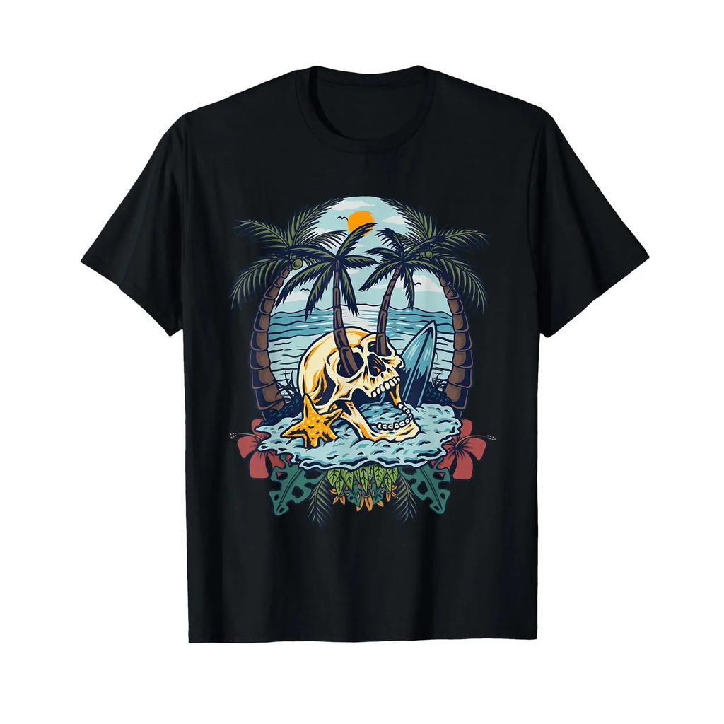 Vintage Palm Tree Skull Summer Beach Unisex Motorcycle Tattoo T Shirt Vintage Breathable Homme Graphic