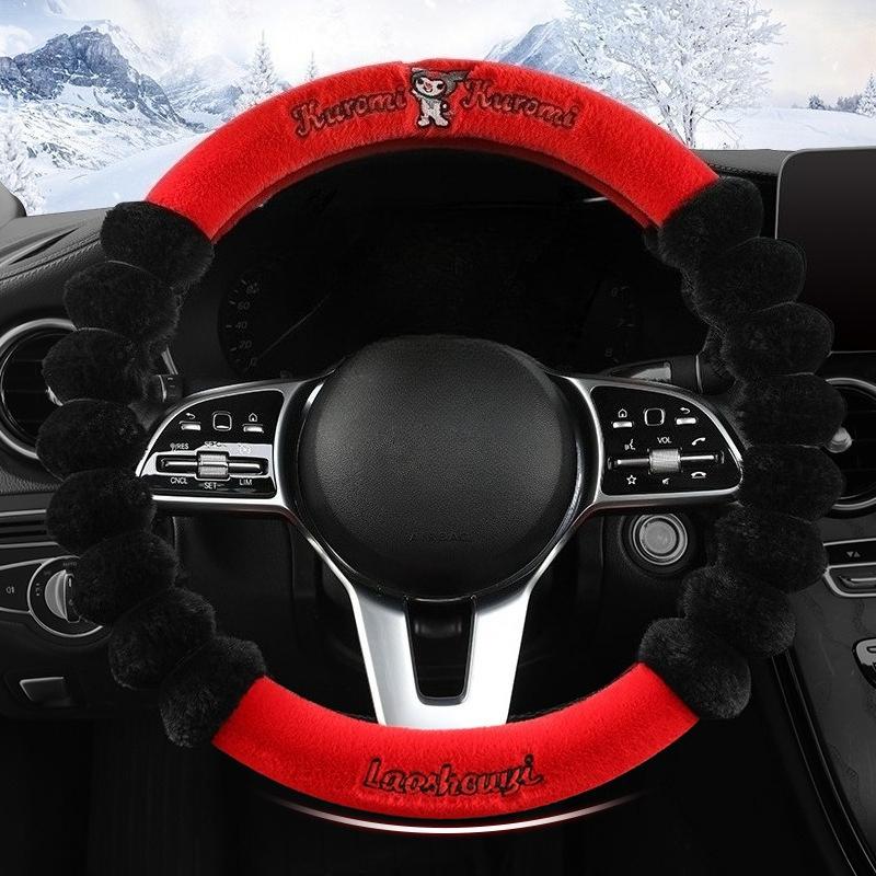 New Kuromi Winter Plush Rabbit Velvet Warm Steering Wheel Cover Soft Handle Cover for Men And Women Car Accessory