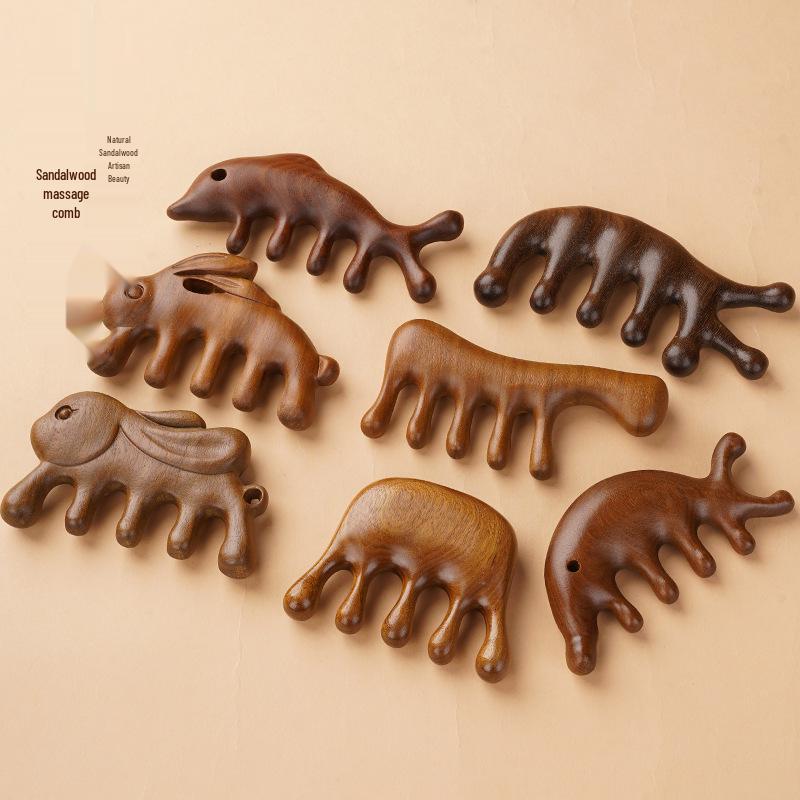 

Golden Sandalwood Dolphin Five-Tooth Massage Comb with Engraved Meridian Round Head
