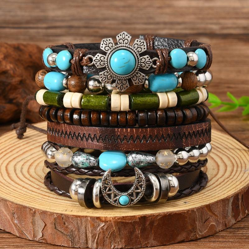 Boho Bracelet Set for Men Leather Braided Wrap Bracelet with Wood Beads Bull Skull & Evil Eye Charm Ethnic Viking Style Jewelry