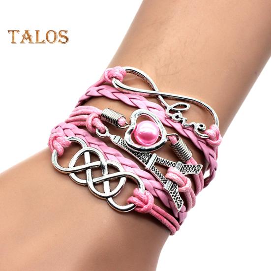 Braided Wrap Layered Faux Leather Bracelet Retro Multilayer Hearts Tower Cord Braided Wristband for Men Women