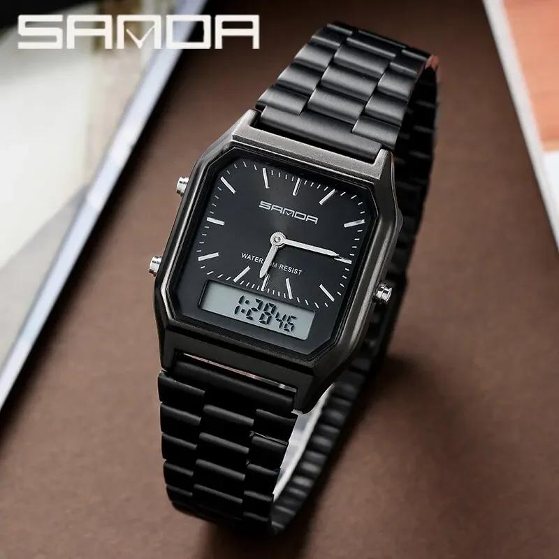 SANDA P747 Watch Luxury Mens Style Watches Stainless Steel Women LED Digital Dual Display Clock Unisex Waterproof Sports Quartz