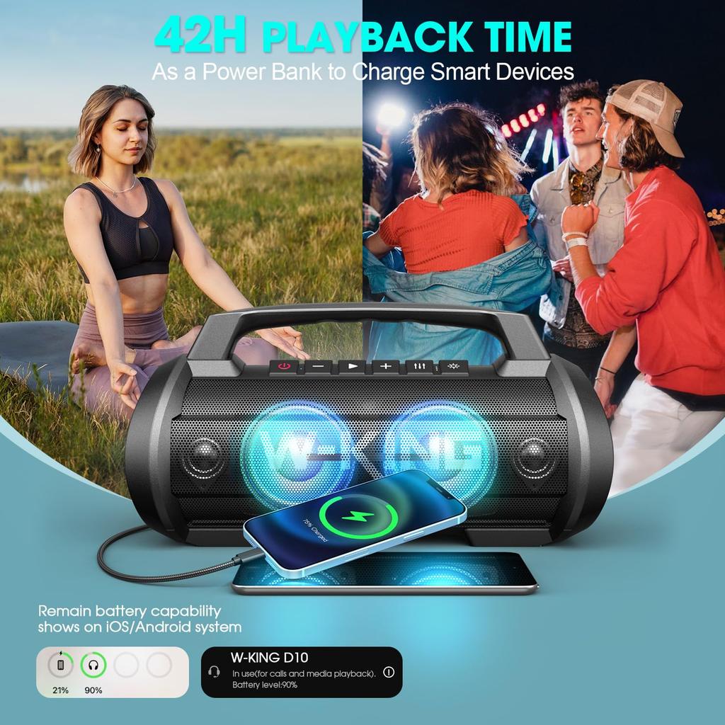 70W Bluetooth Speaker, IPX6 Waterproof and Dustproof, Loud Volume, W-KING Portable Stereo Speaker [Party Lights, Microphone Port, 42 Hours of