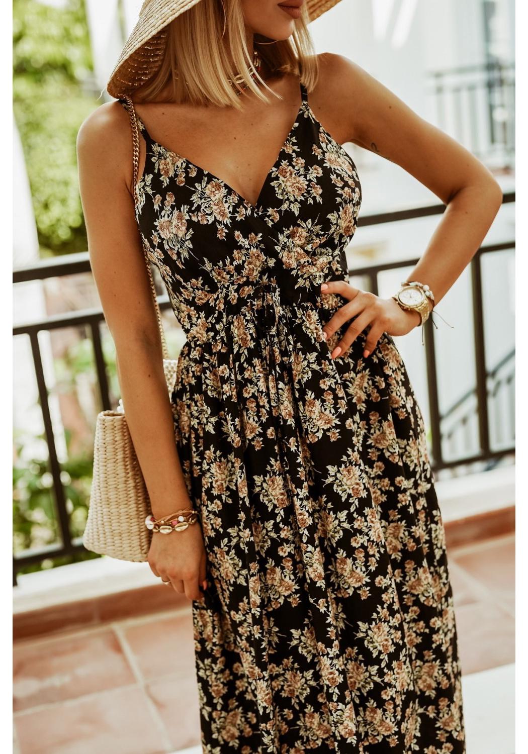 Europäischer & Amerikanischer Stil V-Ausschnitt Böhmischer Druck Spaghettiträger Langes Kleid Large schwarz