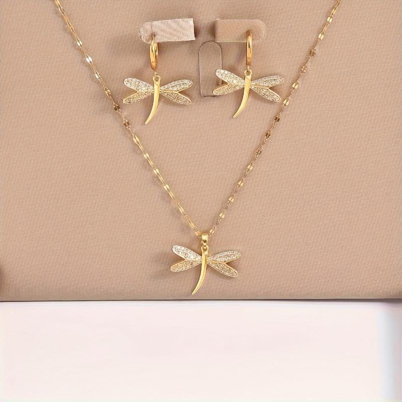 Fashion Gold Color Copper Dragonfly Earrings Necklace Set Zirconia Sparkling Temperament Women Wedding Jewellery Set Accessories