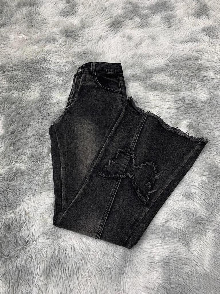 Women's Retro Butterfly Embroidered Low Waist Flared Jeans