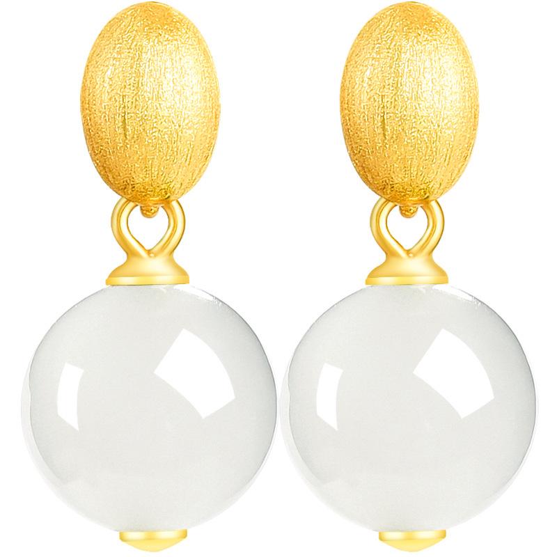 S925 Silver Hotan White Jade Round Bead Earrings for Women - Simple, Luxurious Design